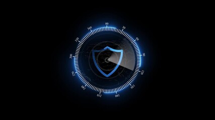 Futuristic cybersecurity shield HUD animation. 360-degree digital radar with cyber defense shield.Technology security scan with shield icon and circular. 4K animated concept. Black background - Powered by Adobe