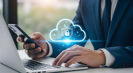 Businessman using smartphone and laptop with glowing cloud security icon