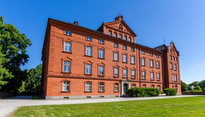 Naklejka premium Historic Brick Building with Blue Sky and Green Lawn.