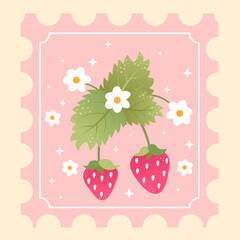 Illustration of strawberries with flowers on a pink background