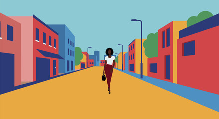 Illustration of a woman walking down a colorful street on transparent background