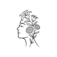"Woman with Flowers in Hair – Minimal Line Art Illustration"
