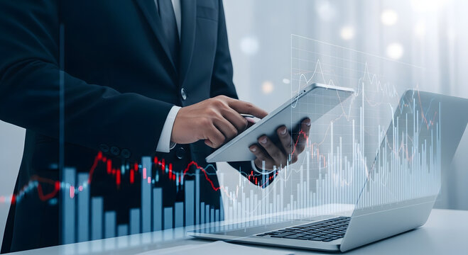 Business professional analyzing financial data on tablet with laptop and charts overlay