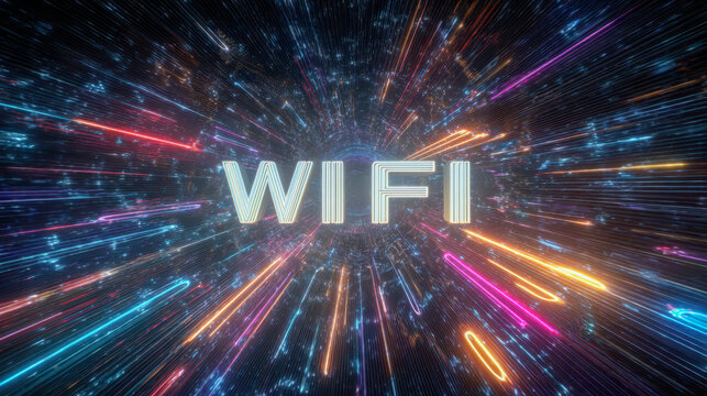 Illuminated text with dynamic multicolored light streaks radiating in space-like background symbolizing fast wireless internet connectivity and digital communication speed