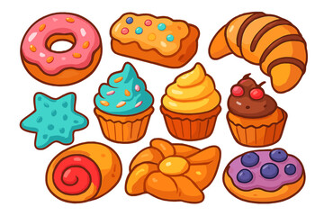 Set of cartoon baked goods. Pastry and sweet food collection. Vector illustration of donut, cupcake, croissant, cookie and cake. Dessert icons for bakery or cafe menu design.