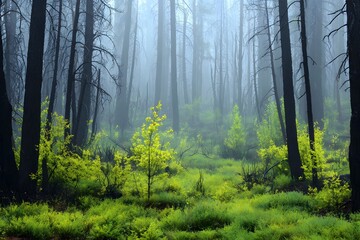 Obraz premium Scars and Sprouts - Forest Healing in the Wake of Destruction