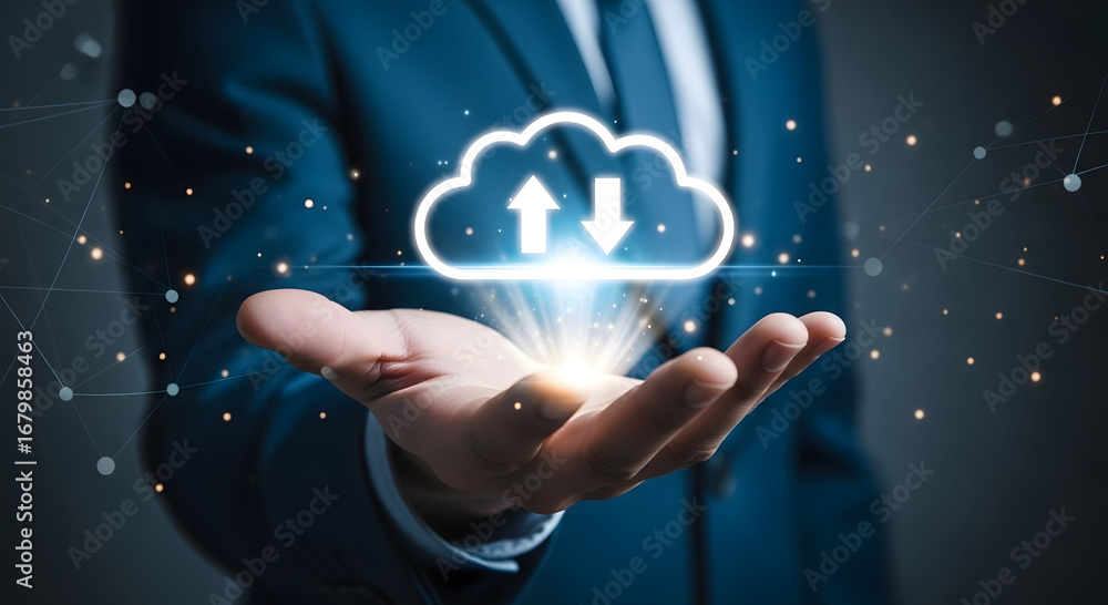 Poster businessman holding a glowing cloud computing symbol with data transfer arrows