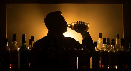 Silhouette of a man drinking whiskey directly from the bottle surrounded by other liquor bottles