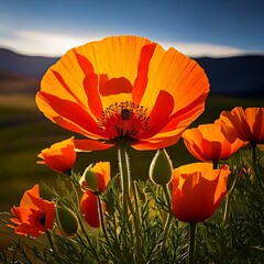 Obraz premium Vibrant orange poppy in a field, bathed in sunlight