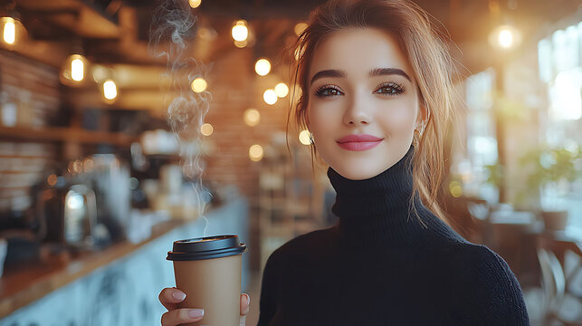Beautiful young woman enjoys a steaming cup of coffee in a cozy cafe. The warm lighting and bokeh create a relaxed, inviting atmosphere, perfect for concepts of comfort, warmth, and everyday moments. - Powered by Adobe
