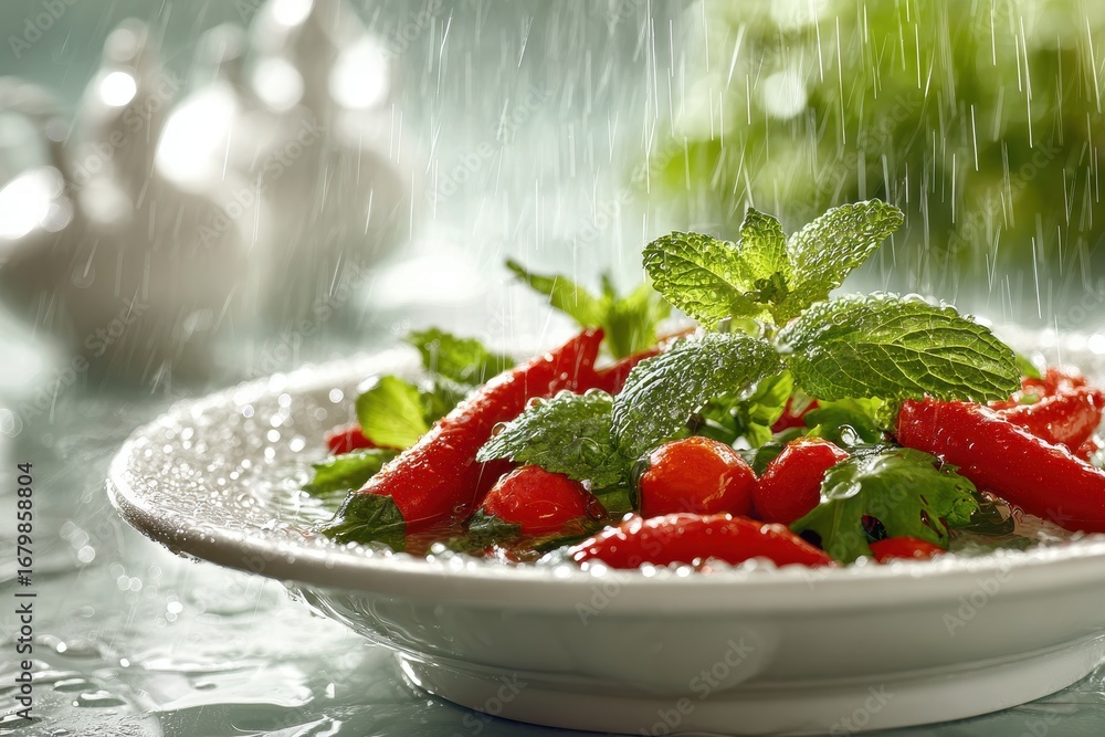 Poster close up of a plate with red peppers and mint under the rain, adding a refreshing and artistic touch