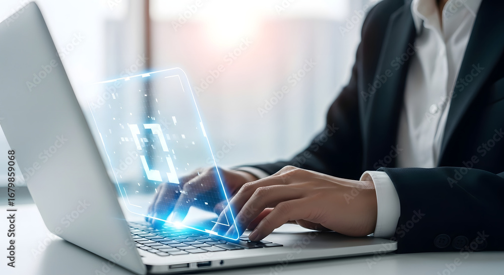 Poster business professional using a laptop with glowing digital data streams