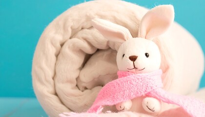 A soft, white stuffed rabbit, wearing a pink scarf, sits beside a rolled-up, cream-colored blanket against a teal background.