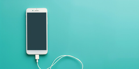 A single white smartphone with a blank, dark screen plugged in with a white charging cable over a solid teal-colored background