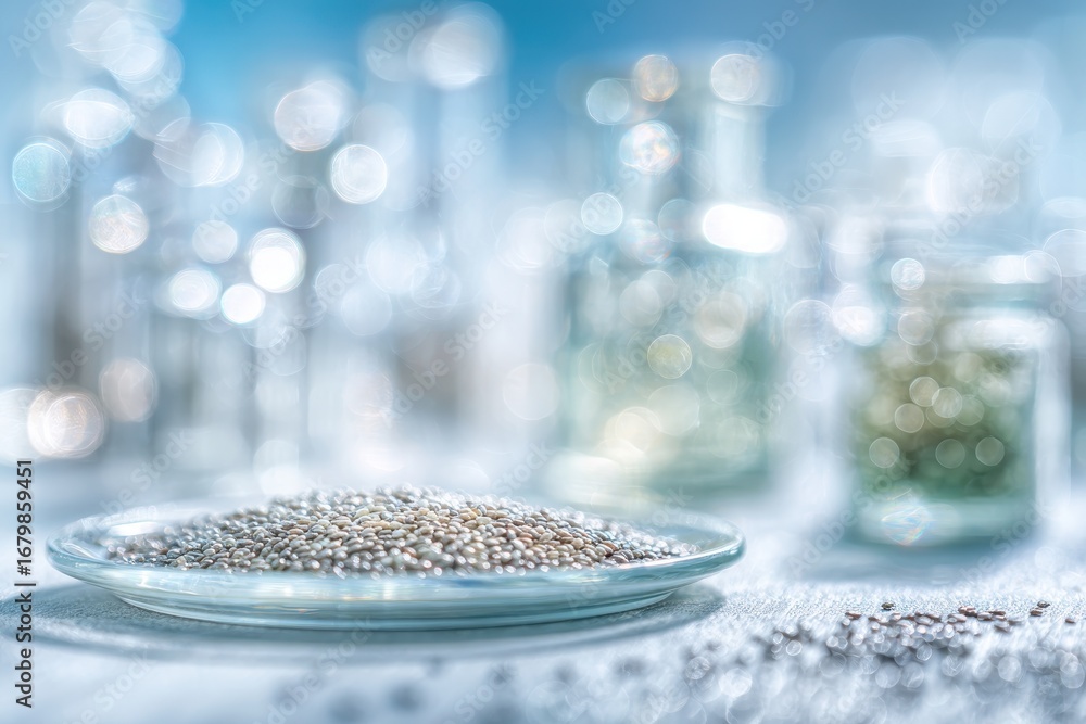 Poster close-up of chia seeds on a plate with water and jars in a soft, dreamy, out-of-focus bokeh backgrou