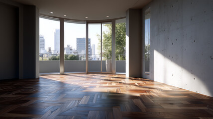 Obraz premium コンクリ壁と濃色床の静かな室内空間と都市眺望