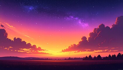 Fototapeta premium Colorful sunset landscape with a starry sky