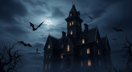Fototapeta premium A spooky gothic mansion shrouded in mist under a full moon, with bats flying on a dark and terrifying Halloween night