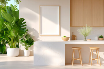 A bright and airy kitchen featuring a spacious island stools and a large blank frame on the wall providing a clean and modern backdrop for design