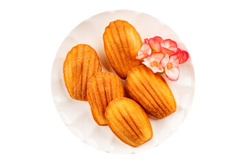 Madeleine cookies sweet dessert traditional french sweets tasty snack fresh delicious gourmet food background on the table rustic top view copy space