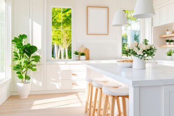 A bright and airy kitchen with a large island a few stools and a large blank frame on the wall creating a clean and minimalist interior backdrop
