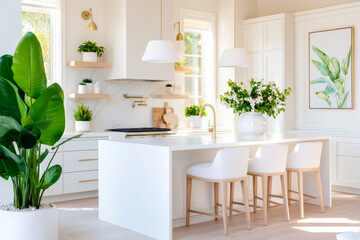 A bright and airy kitchen with a large island a few stools and a large blank frame on the wall ideal for interior design and home decor concepts