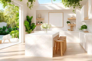 A bright and airy kitchen with a large island a few stools and a large blank frame on the wall ideal for minimalist home decor and design themes