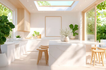 Fototapeta premium A bright and airy kitchen with a large island a few stools and a large blank frame on the wall providing an excellent mockup for home art and design