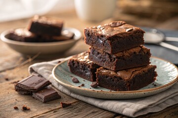 Chocolate brownies stacked with powdered sugar, close-up
