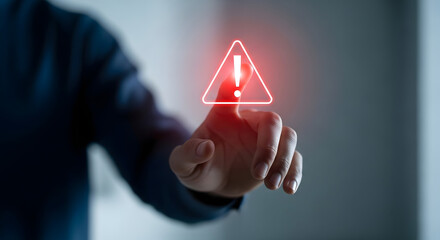 Hand touching digital warning sign with exclamation mark