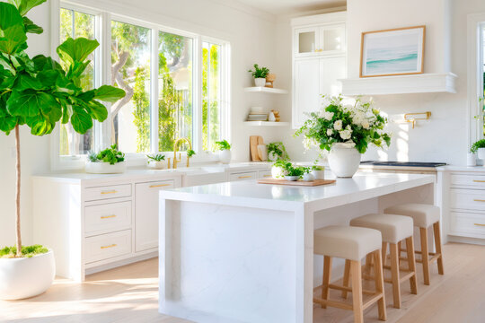 A bright and airy kitchen with a large island stools and a large blank frame on the wall an inviting and versatile space for various creative uses