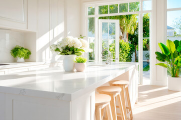 A bright and airy kitchen with a large island stools and a large blank frame on the wall providing a versatile and elegant backdrop for art and graphics