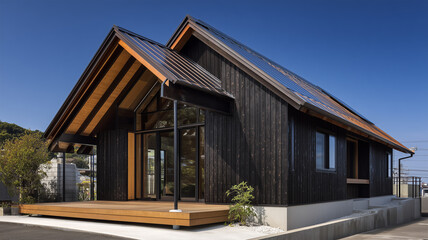 焼杉と銅屋根が映える太陽光住宅外観