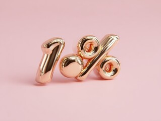 Glossy rose gold percentage sign, three-dimensional and stylish, on a soft pink backdrop.