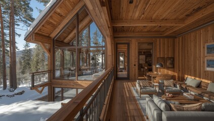 Stunning modern mountain lodge interior with panoramic windows and cozy seating, inviting relaxation