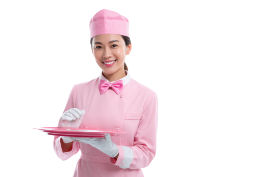 Smiling Female Server in Pink Food Service Uniform