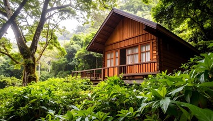 A charming little wooden cabin nestled amidst lush greenery, bathed in soft sunlight.