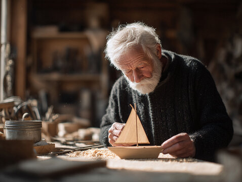 A skilled craftsman meticulously constructs a small wooden sailboat. The scene evokes nostalgia, handcraftsmanship, and the joy of creation.