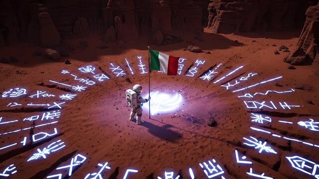 Italian astronaut on Mars activating a mysterious alien portal with glowing symbols on the ground