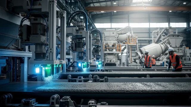 Wideangle shot of production hall with multiple machines infusing microcapsules into concrete for selfrepair technology.
