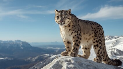 Fototapeta premium Majestic snow leopard surveys its snowy mountain kingdom under a clear blue sky