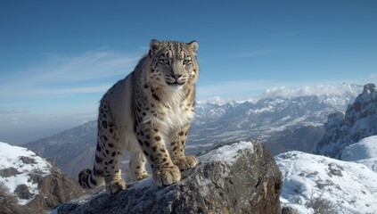 Obraz premium Majestic snow leopard surveys snowy mountain landscape under clear blue sky, a powerful symbol of resilience