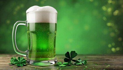 Green beer in a glass mug with shamrocks representing a St. Patrick's Day celebration [with copy space]