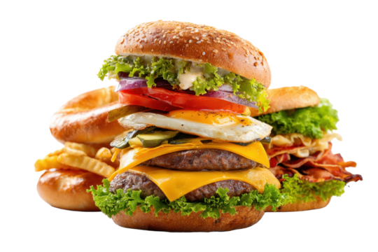 Stacked Cheeseburgers and Sandwiches on Transparent Background