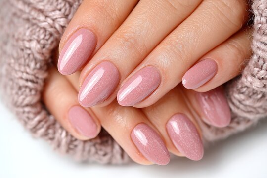 Close-up of well-groomed woman's hands with pink manicure and a knitted sweater, showing healthy nails and a stylish beauty treatment, demonstrating skin care.