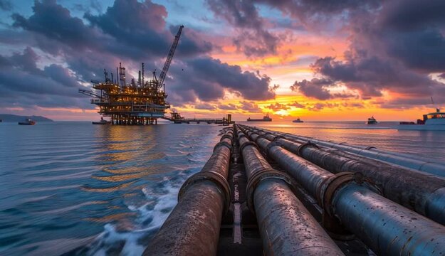 Industrial pipelines lead to offshore oil, gas platfrm at sunset. Large oil ri in ocean with crane, pipe. Vast sea with small boat scattered throughout
