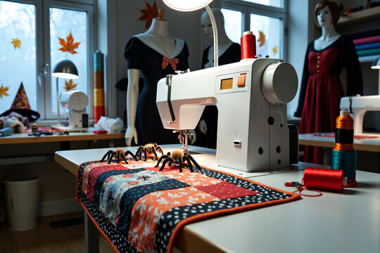 sewing workshop is decorated for Halloween with a large spider on a festive quilt, representing a creative space for making autumn crafts and spooky holiday costumes