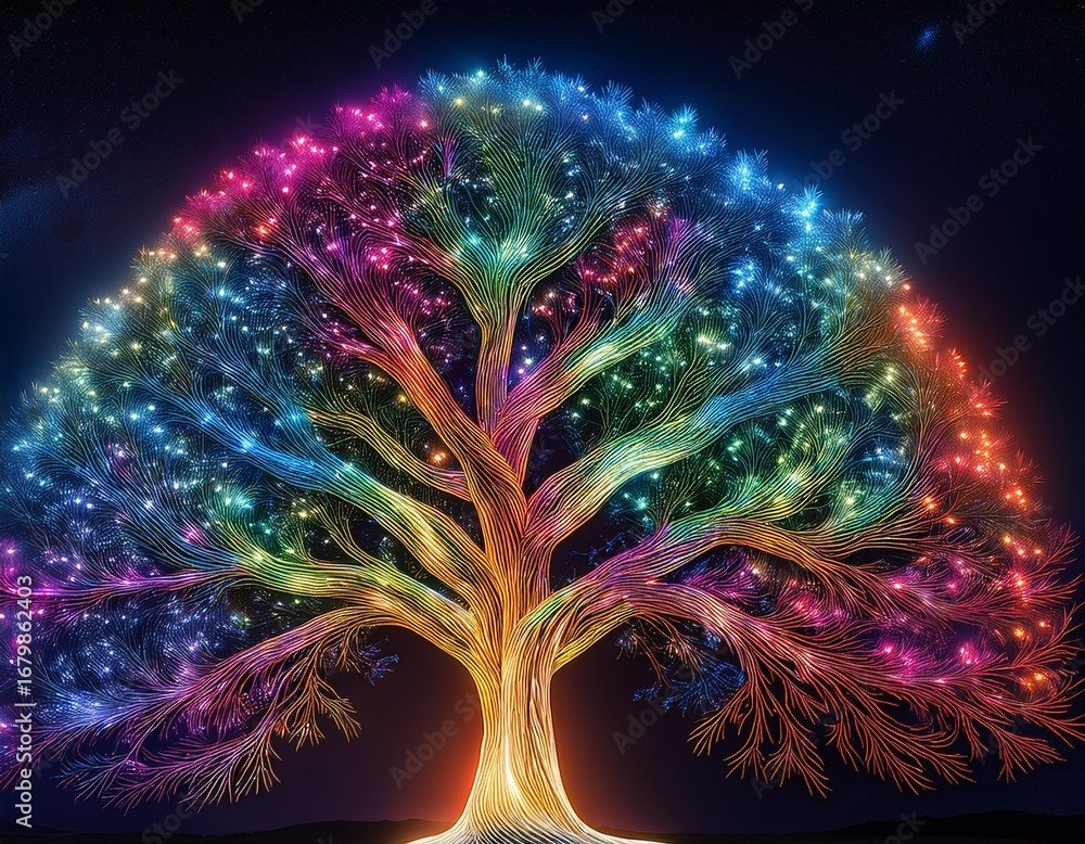 Poster a vibrant illuminated tree with colorful lights adorning its branches creating a striking visual eff