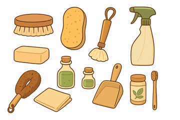 Eco-friendly cleaning tools and natural products set. Zero waste household supplies for sustainable living. Vector cartoon illustration of organic hygiene items for daily use.