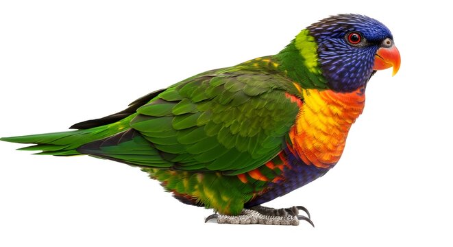 Rainbow lorikeet with vivid feathers and realistic texture, isolated on white background.